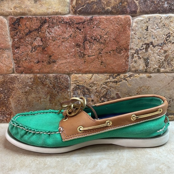 Milly for Sperry Top-Sider Green Canvas & Tan Leather Boat Shoes Sz 9 Slip-On - Picture 10 of 15